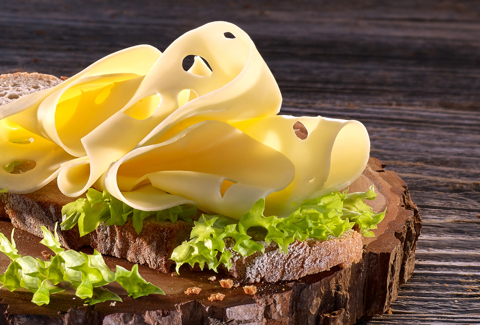 Delicate folded Bergader cheese slices on rustic bread with fresh lettuce — foodstyling by Nils Grapentin