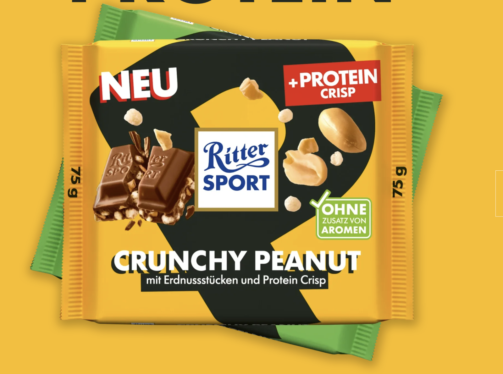 Ritter Sport Protein Crisp Crunchy Peanut packaging on a golden yellow background — foodstyling by Nils Grapentin
