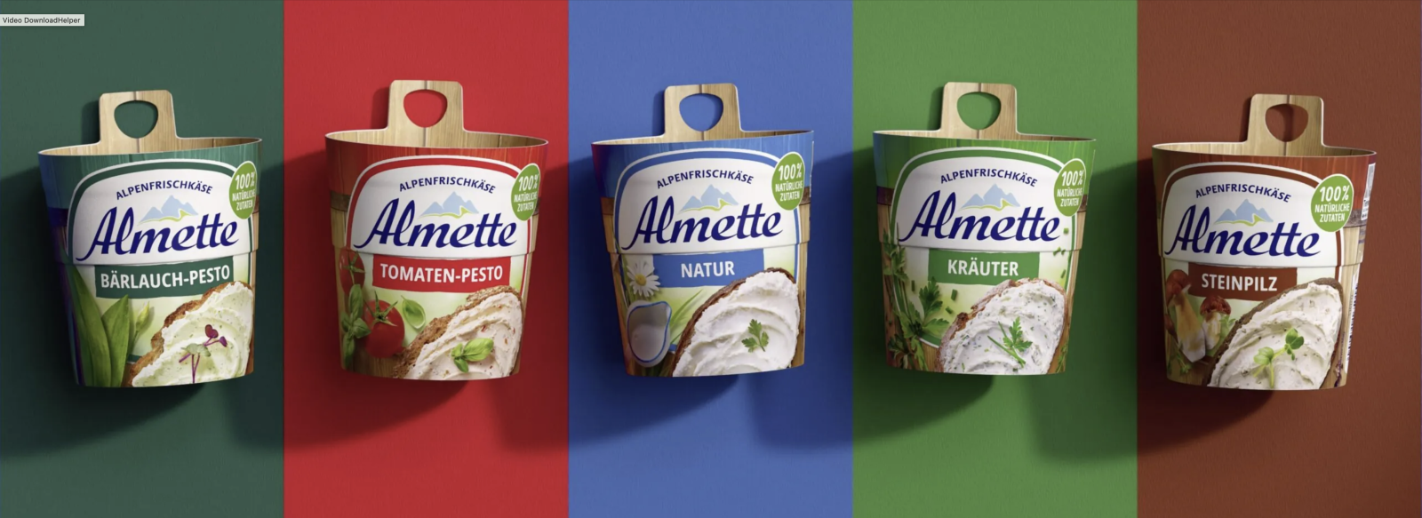 Five Almette cream cheese varieties against colourful backgrounds.