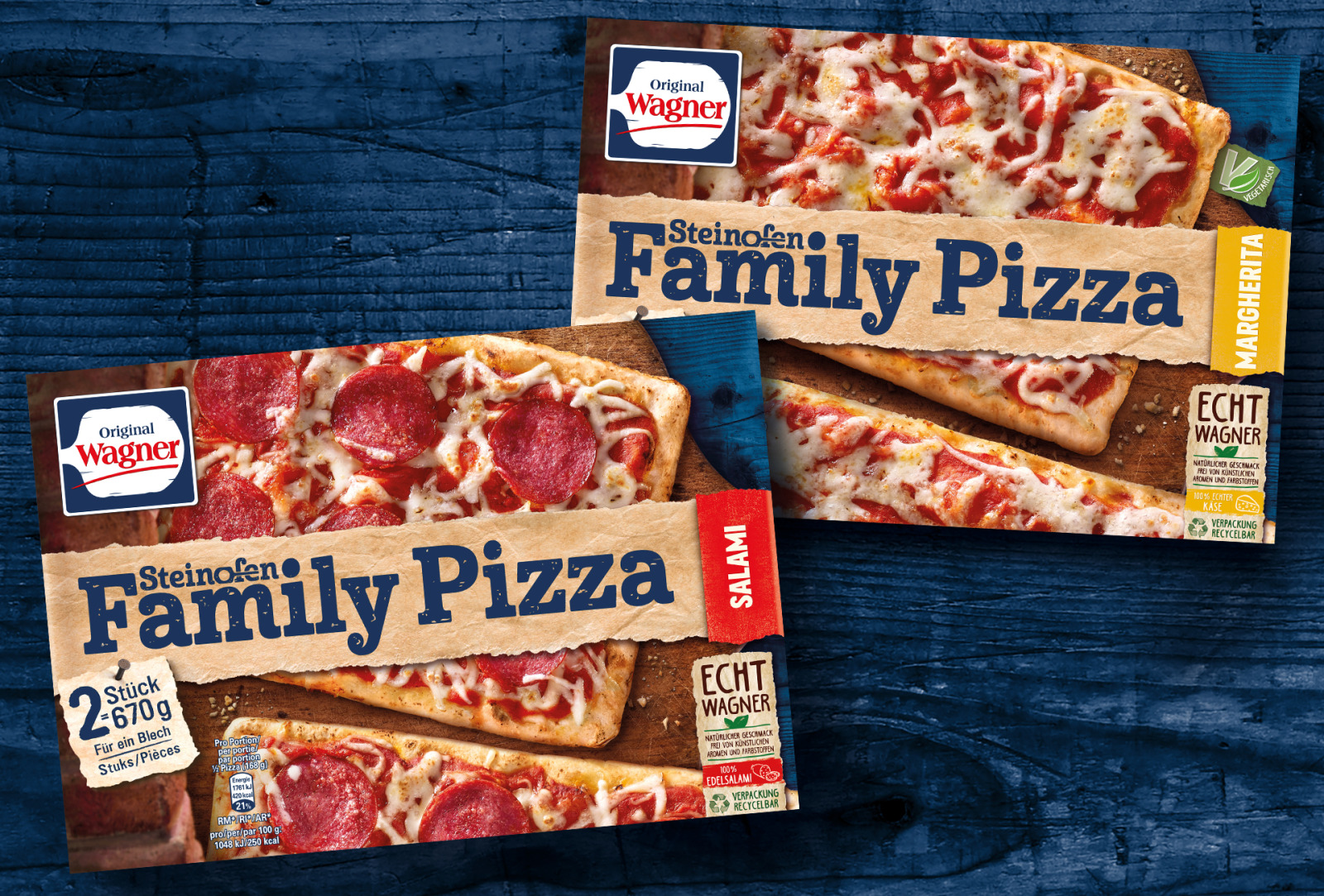 Wagner Family Pizza packaging with salami and margherita pizzas against a blue background.