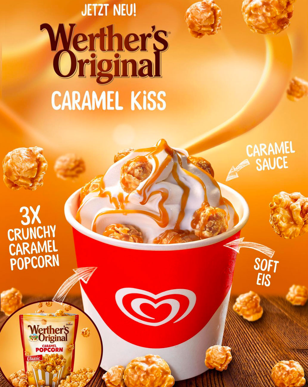Soft ice cream topped with caramel sauce and crunchy popcorn for Werther’s Original and Langnese.