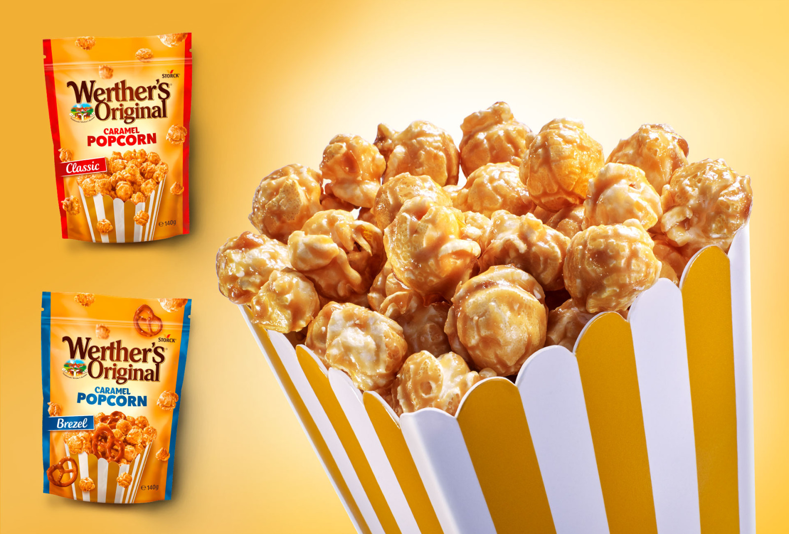 Golden caramel popcorn with Werther’s Original Classic and Pretzel packaging.