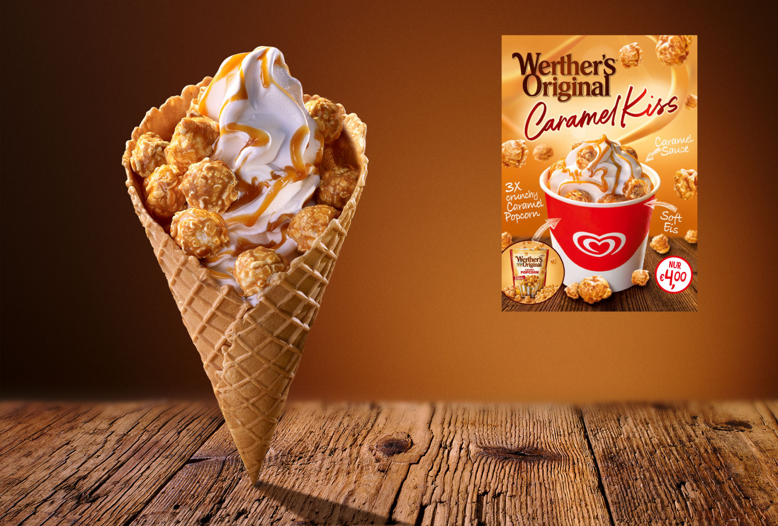A waffle cone with soft ice cream, caramel sauce and popcorn, alongside the Caramel Kiss artwork.